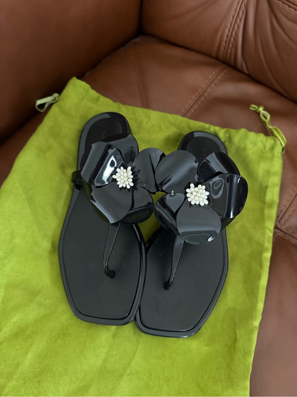 Tory Burch Black Floral Jelly Thong Sandals with Pearl Center